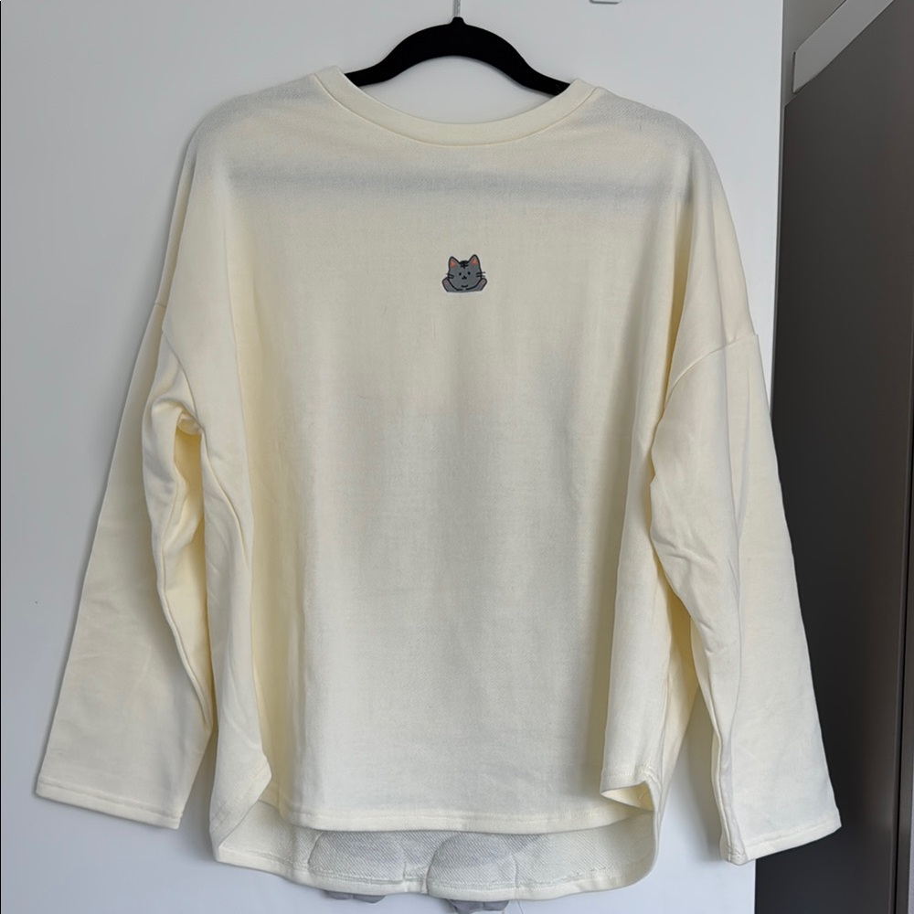 NWOT oversized Cream Long Sleeve Shirt with Cat Embroidery